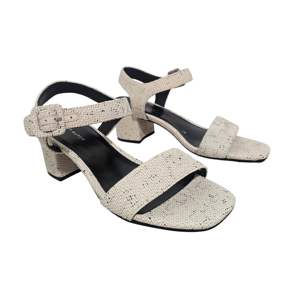 Tory Burch Double T City Sandal 7 Cream Black Tweed Block Heel Ankle‎ Strap Chic